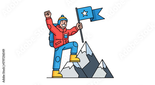Triumphant Person Reaching Mountain Peak, Holding Flag Achieving Greatness And Success