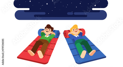 Two Men Relaxing Under a Night Sky Stargazing Vector Illustration Scene