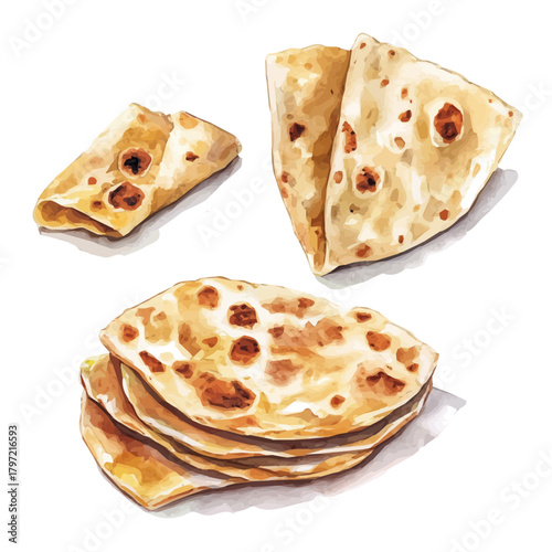 A beautiful painting of roti flatbread, Simple Illustration, watercolor style, minimal yet artistic elements for creative designs. EPS format, isolated on transparent background, hand-drawn paint