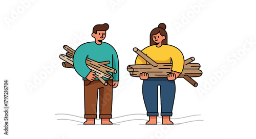 Two People, Carrying Firewood Amidst Pure Darkness, Ready For Something, Full Of Energy