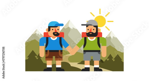 Two Adventurous Friends Hiking Together Mountainous Terrain And Sunny Day Adventure