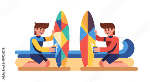 Two Surfers Prepare Their Colorful Surfboards, Ready For Ocean Waves And Great Fun