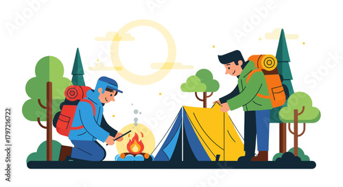 Two Campers Preparing Tent and Campfire Under the Moonlight on Adventure