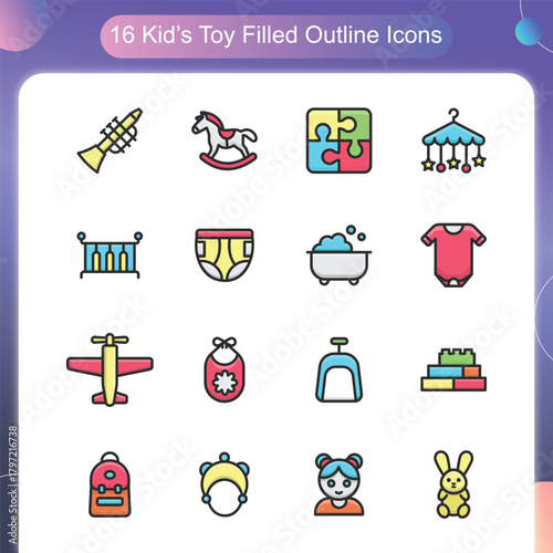 Kids Toye Filled Outline Style Set 3