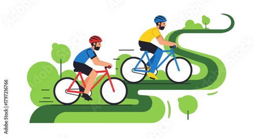 Two Cyclists Enjoying Bike Ride in a Minimalist Vector With Trees