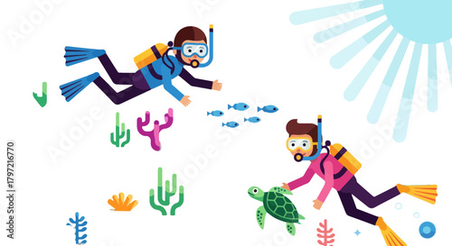 Underwater Adventure With Adventurous Divers, Sea Creatures, And Oceanic Wonders