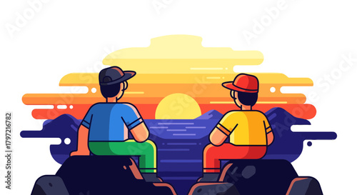 Two Figures Admiring A Romantic Sunset Over A Serene Ocean Landscape Illustration