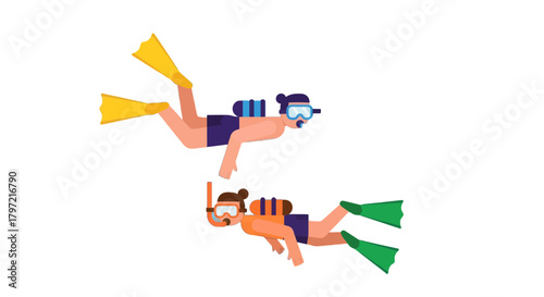 Two Divers Leisure In Deep Water With Fins and Underwater Exploration