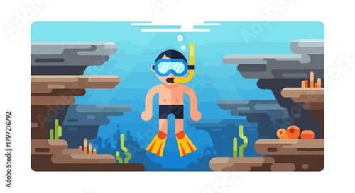 Underwater Cartoon Diver: A Flat Illustration Of Sea Life And Snorkelling Activity