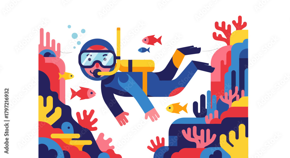 Fototapeta premium Underwater Exploration: A Colorful Illustration of a Scuba Diver and Marine Life