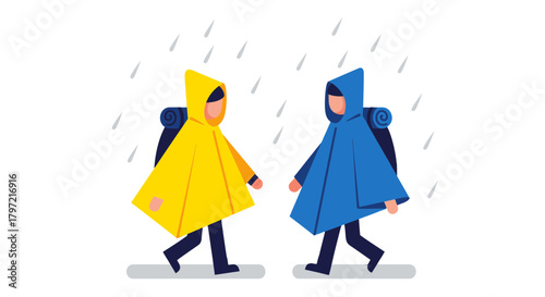 Two Figures Hiking While Under Rain, Wearing Raincoats, In The Black Night