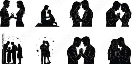Romantic couple and family silhouette illustration, love relationship, parenting bonding, proposal, emotional connection, caring moments vector art design
