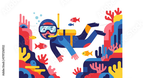 Underwater Exploration: A Colorful Illustration of a Scuba Diver and Marine Life