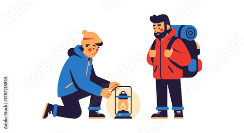 Two Figures Prepare A Lantern During An Outdoor Adventure, With Camping Gear