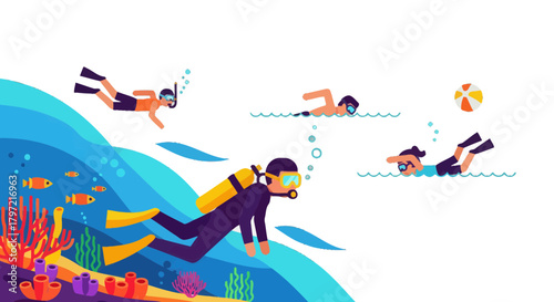 Underwater Exploration: Divers, Swimmers, and Colorful Marine Life in a Tropical Ocean Scene