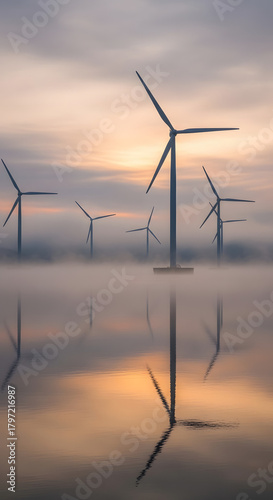 Wind Farm Silhouettes Reflected in Water at Sunrise with Fog