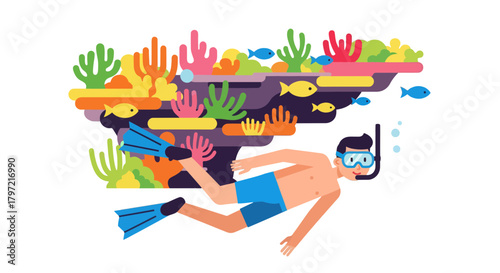 Underwater Exploration With A Scuba Diver And Colorful Coral Reef In The Ocean