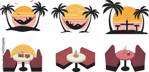 Tropical sunset cafe illustration with palm trees and hammock, relaxing beach vibe, summer vacation artwork, retro seaside aesthetic design