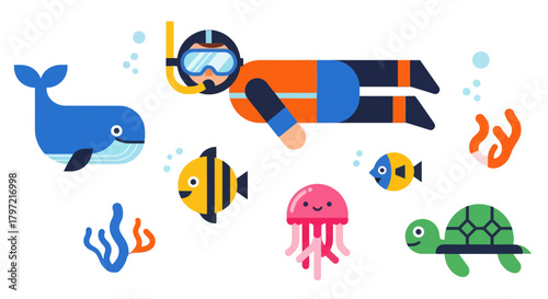 Underwater Exploration With A Scuba Diver And Marine Life Creatures, Fun And Colorful