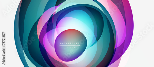 Abstract colorful layers create dynamic circular pattern. Gradient hues blend, forming modern background design. Brightness contrasts with white space.