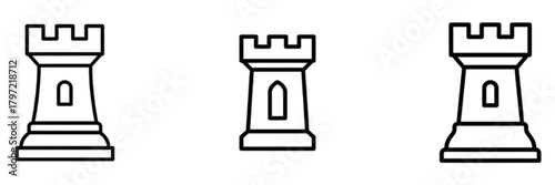 Monochrome Chess Rook Piece Icon Set in Outline Style for Strategy and Gaming Vector Image