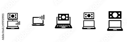 Monochrome Laptop Computer, Webcam, and Wireless Signal Icon Set Vector Image