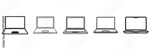 Monochrome Minimalist Laptop Computer Icon Set in Various Outline Styles Vector Image