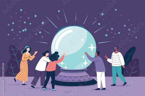 A vibrant, futuristic marketplace scene shows a diverse crowd mesmerized by a spectral, glowing holographic fortune teller booth.