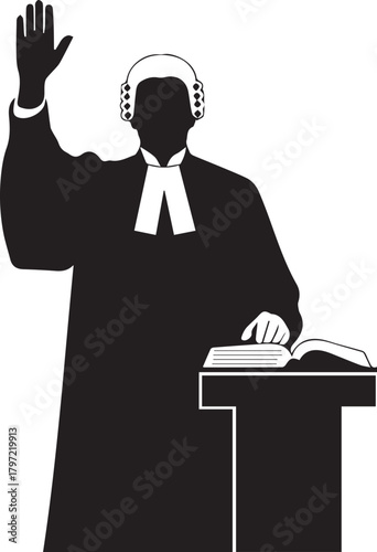Lawyer or judge raising hand in court oath with open law book legal justice concept