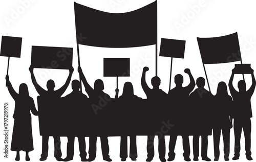 Silhouettes of diverse people holding signs and banners protesting for human rights