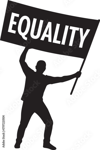 Silhouette of a person holding a banner advocating for equality and human rights