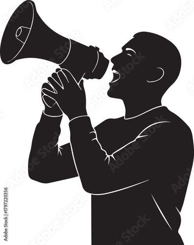Silhouette of person shouting into megaphone advocating for human rights and social justice activism