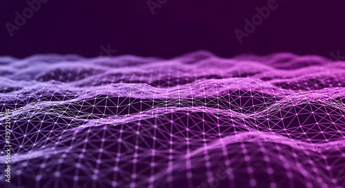 Abstract purple network with white lines and dots creating a wave like pattern on a dark background