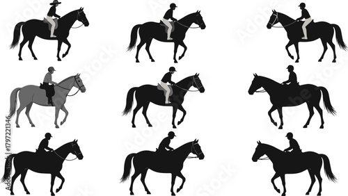 Horse riding silhouettes collection, equestrian sport illustration, horseback riders in motion, horseman vector design for training, competition, and adventure themes