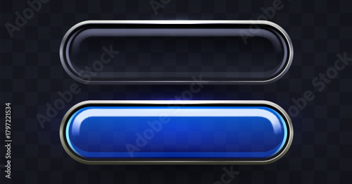 Modern transparent glossy button set for web design. A sleek UI element with a blue highlighted state.