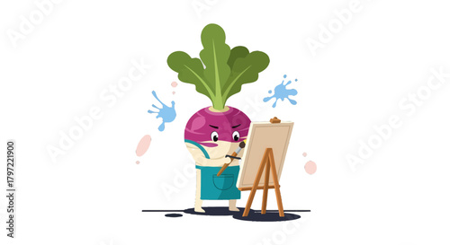 Vegetable Artist Painting a Picture on Canvas with Paint Splatter and Black Backdrop