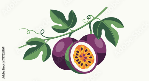 Vibrant Illustration Of Passion Fruit And Leaves Against A Neutral Background