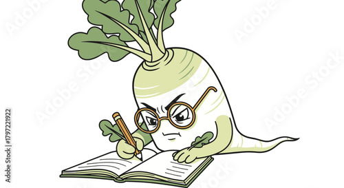 Vegetable Cartoon Scholar in Glasses Writing in a Book with Determined Expression