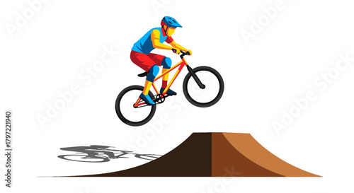 Vibrant Mountain Biker Performing A Jump On A BMX Bicycle Against A Black Background