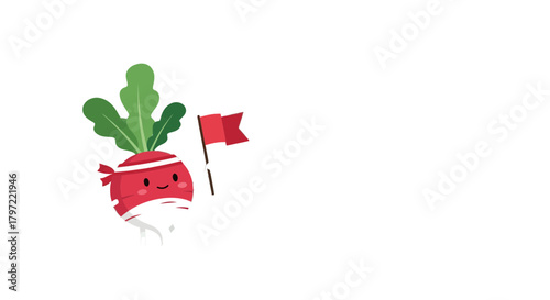 Vegetable Champion Holding Flag On Black Background Isolated Smiling Radish Character