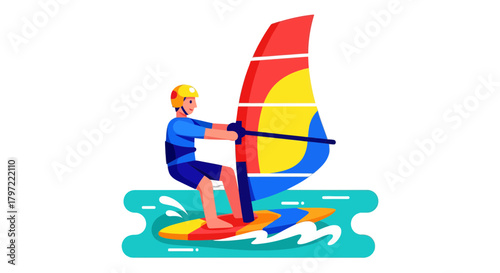 Vibrant Windsurfer Gliding Across Water Depicting Summer Fun and Watersport Adventure
