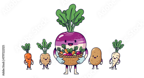 Vegetable Friends Gathering With Basket Of Colorful Garden Fresh Harvest Smiling