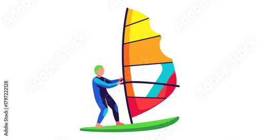 Vibrant Windsurfer Vector Illustration on Black Background Depicting Summer Leisure Activity