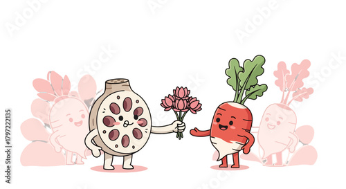 Vegetable Friends Giving Flowers to Express Feelings of Friendship and Harmony