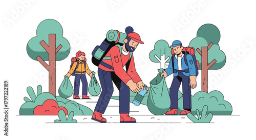 Volunteers Collecting Trash and Protecting The Environment in a Beautiful Forest