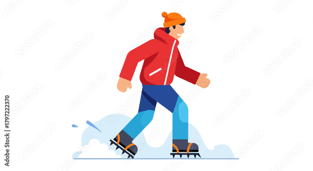 Obraz premium Winter Adventure: A Cartoon Person Walking Through Snowy Terrain Against a Black Backdrop