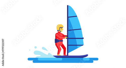 Windsurfing Illustration Depicting a Person Sailing on Blue Waves with Bold Graphic Style