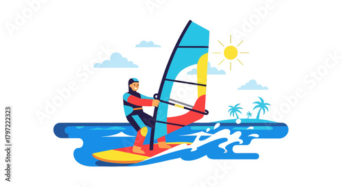 Windsurfer Gliding Across The Wavy Sea Under A Sunny Sky During Summer Adventure