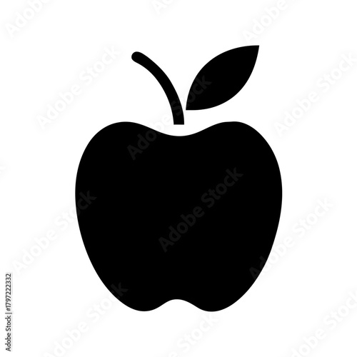A simple black silhouette of an apple with a stem and a leaf is shown against a white background.