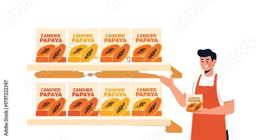 Vendor Presenting Candied Papaya Display On Shelves In A Freshly Styled Store Illustration